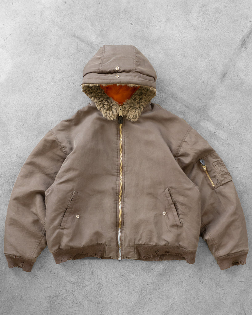 Distressed Fur Hooded Bomber Jacket - 1970s/80s