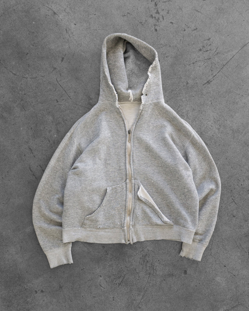 Distressed Grey Hooded Zip-Up Sweatshirt - 1980s