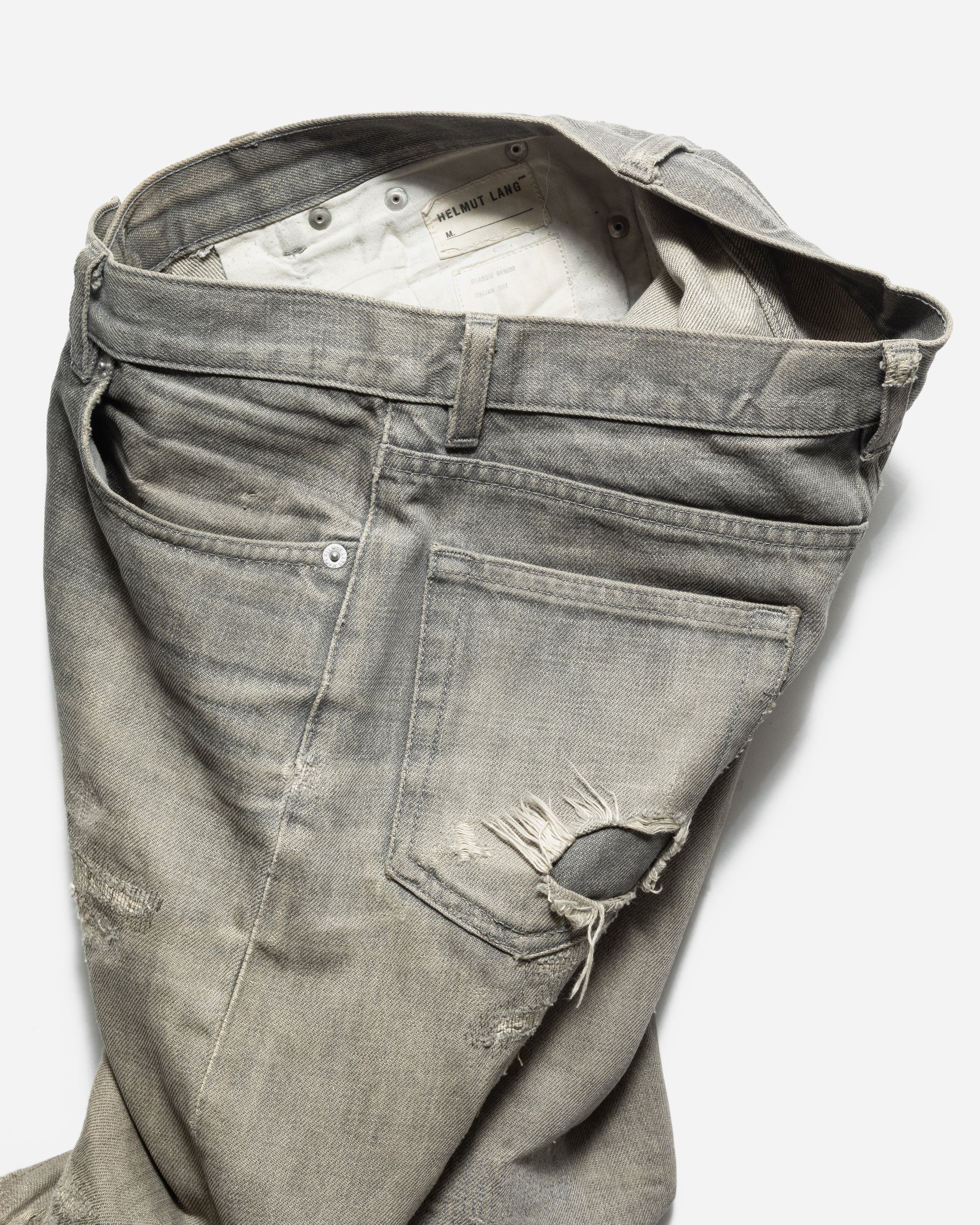 helmut lang 90s 本人期 デニム グレー HELMUT LANG 1990S ITALIAN CUT GREY REPAIRED CRASH DENIM – UNSOUND RAGS