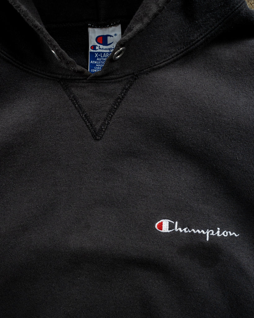 Champion Faded Black Script Logo Hooded Sweatshirt - 1990s - detail