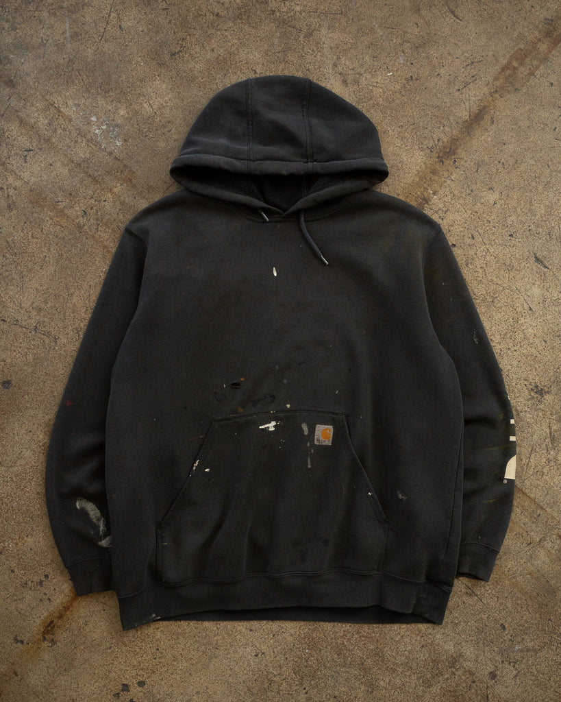 Carhartt Sun Faded Black Painted Hooded Sweatshirt - 1990s FRONT PHOTO