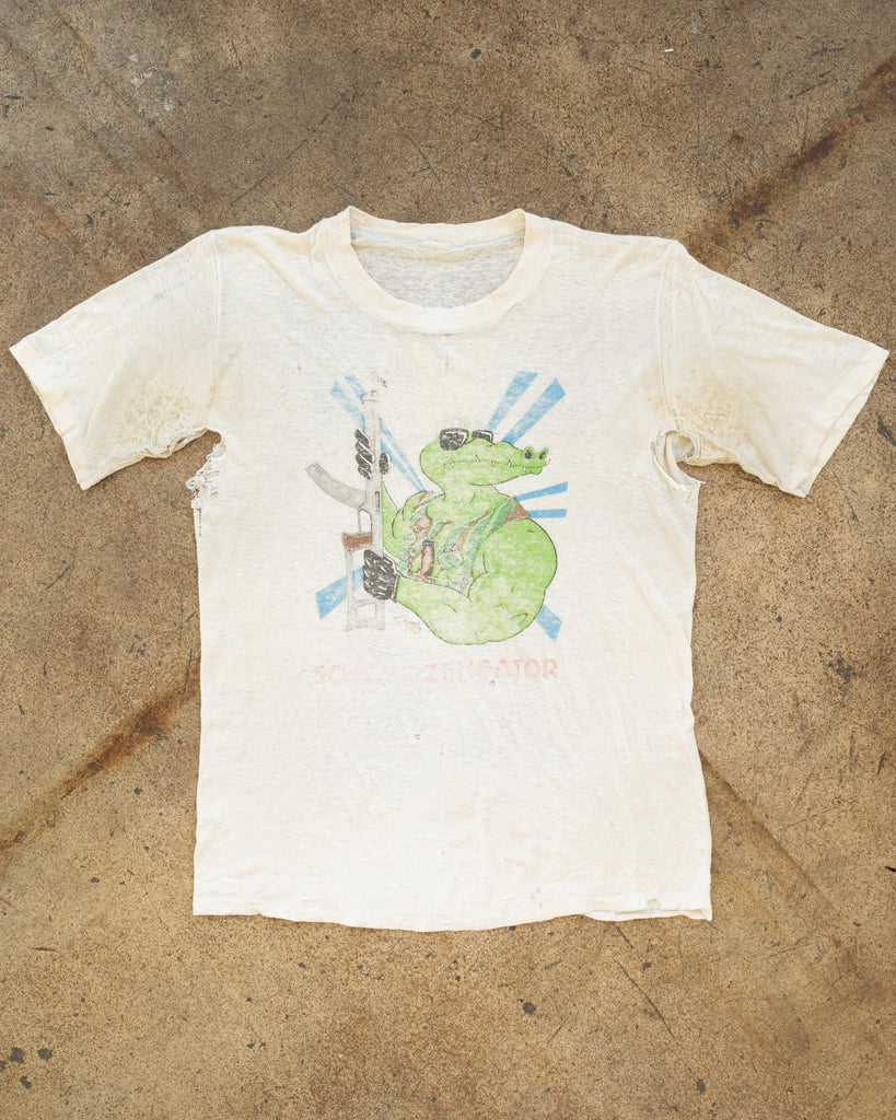 Single Stitched Thrashed Paper Thin Gator With Machine Gun Tee - 1980s