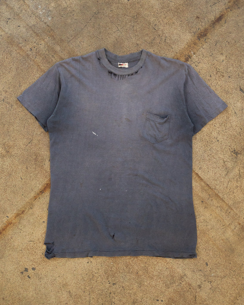 Sun Faded & Distressed Blue Pocket Tee - 1980s
