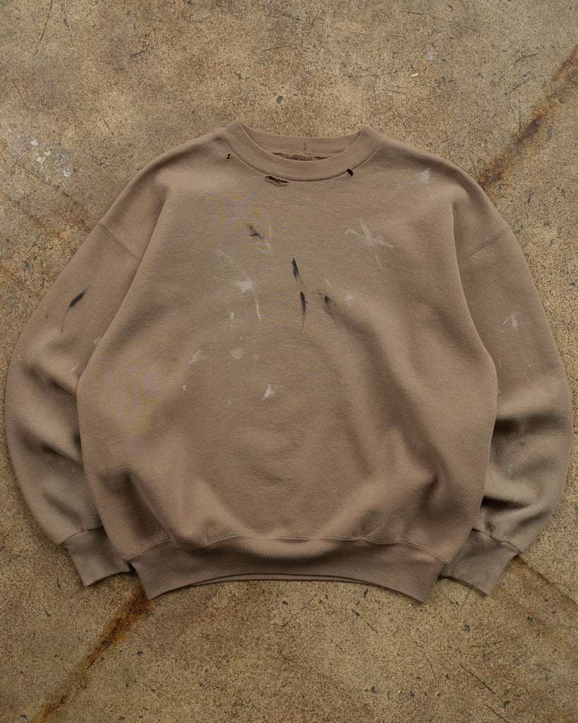 Sun Faded Brown Painted & Distressed Crewneck Sweatshirt - 1990s FRONT PHOTO