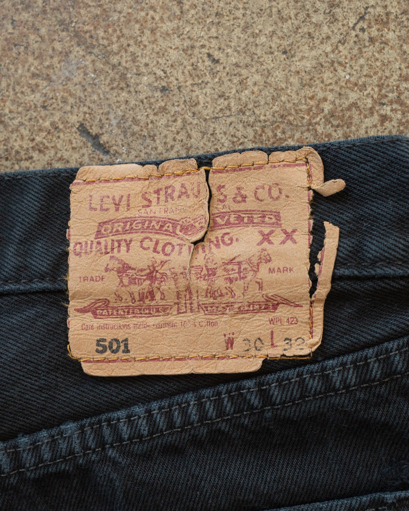 Levi's 501 Blue Black Repaired Jeans - 1990s TAG PHOTO