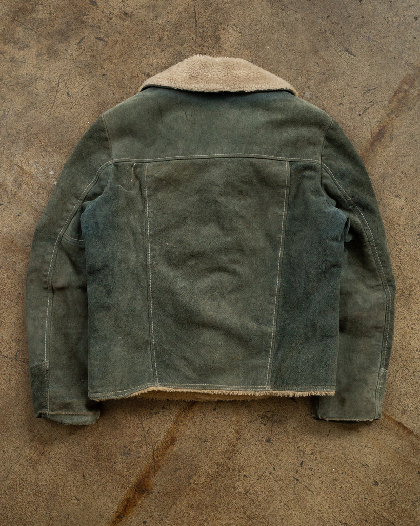 Sun Faded Green Cropped Suede Shearling Jacket - 1960s - back