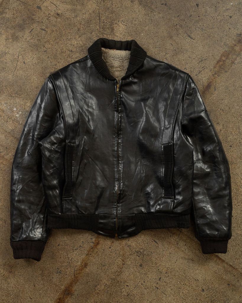 Black Leather Ribbed Jacket - 1950s/60s