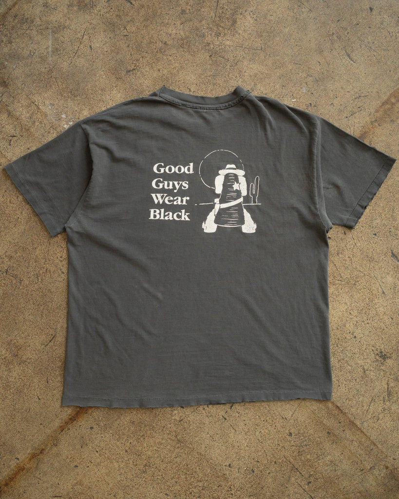 Hanes Beefy "Good Guys Wear Black" Distressed Tee - 1990s FRONT PHOTO