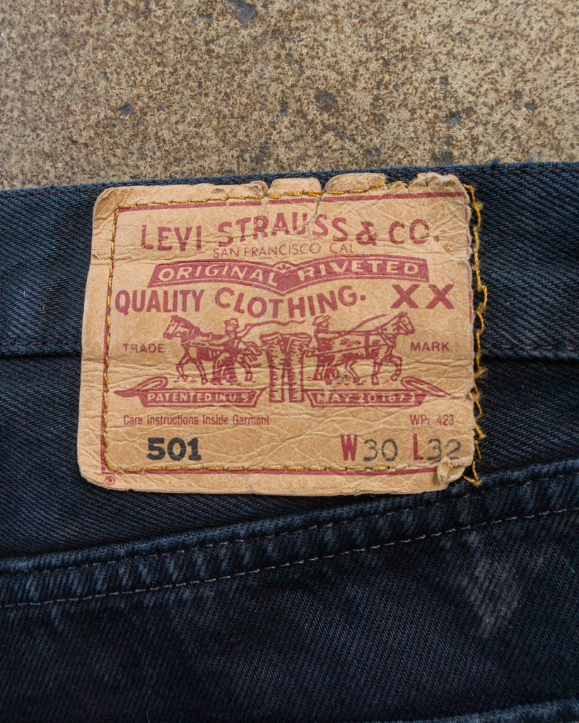 Levi's 501 Blue Black Repaired Jeans - 1990s TAG PHOTO