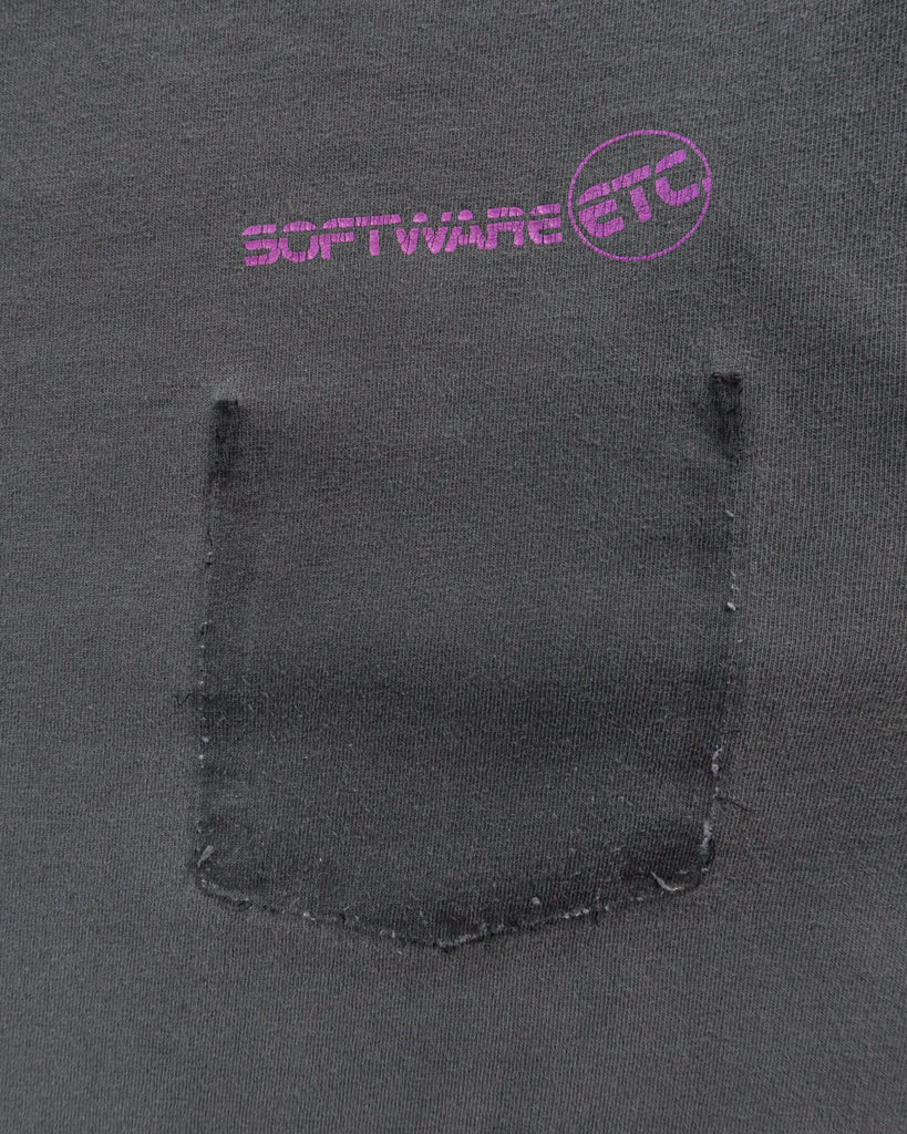 Single Stitched Charcoal Faded "Software ETC" Removed Pocket Tee - 1990s - detail