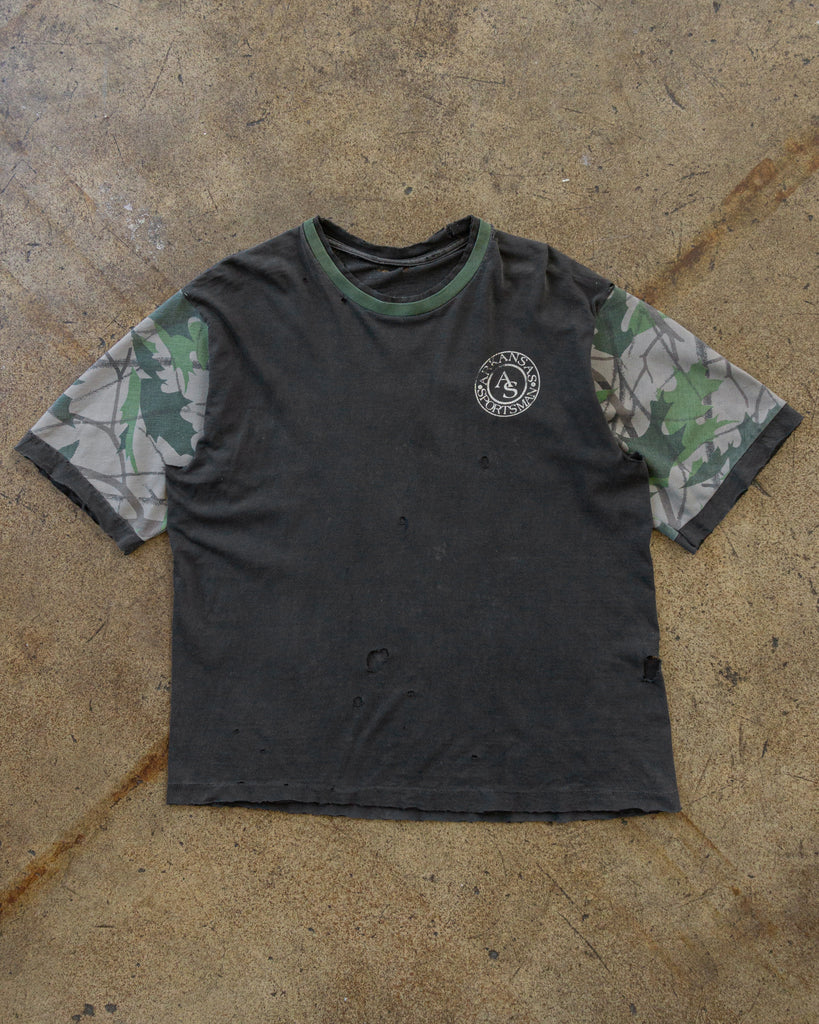 Single Stitched Charcoal Faded "Arkansas Sportsman" Real Tree Distressed Tee - 1990s