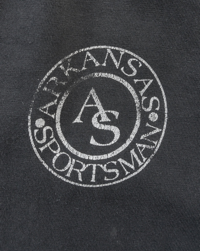 Single Stitched Charcoal Faded "Arkansas Sportsman" Real Tree Distressed Tee - 1990s - detail