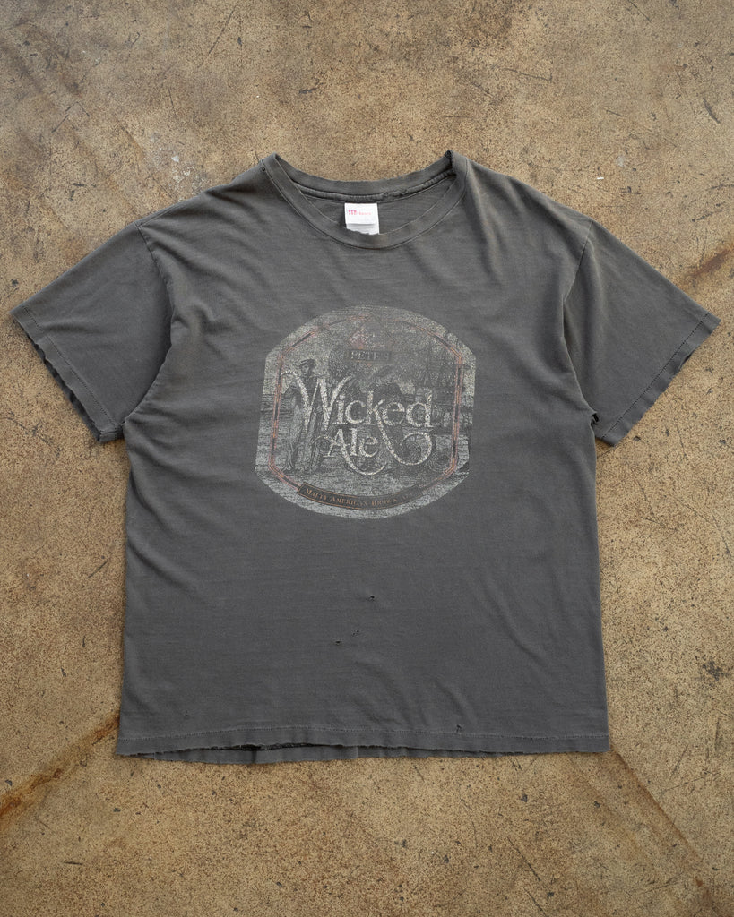 Hanes Beefy "Wicked Ale" Distressed Faded Tee - 1990s FRONT PHOTO