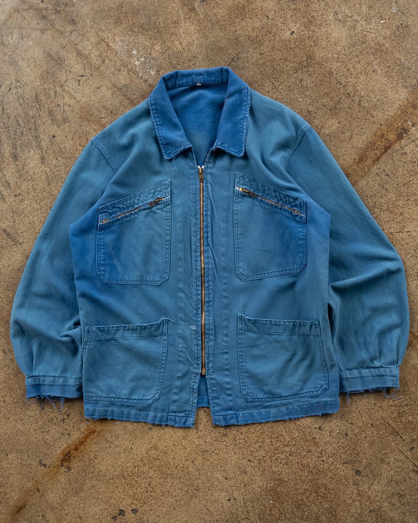 Sun Faded & Distressed Zip-Up French Chore Coat - 1950s FRONT PHOTO
