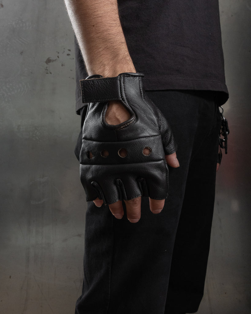 Dark Brown Fingerless Leather Gloves - 1980s - on body