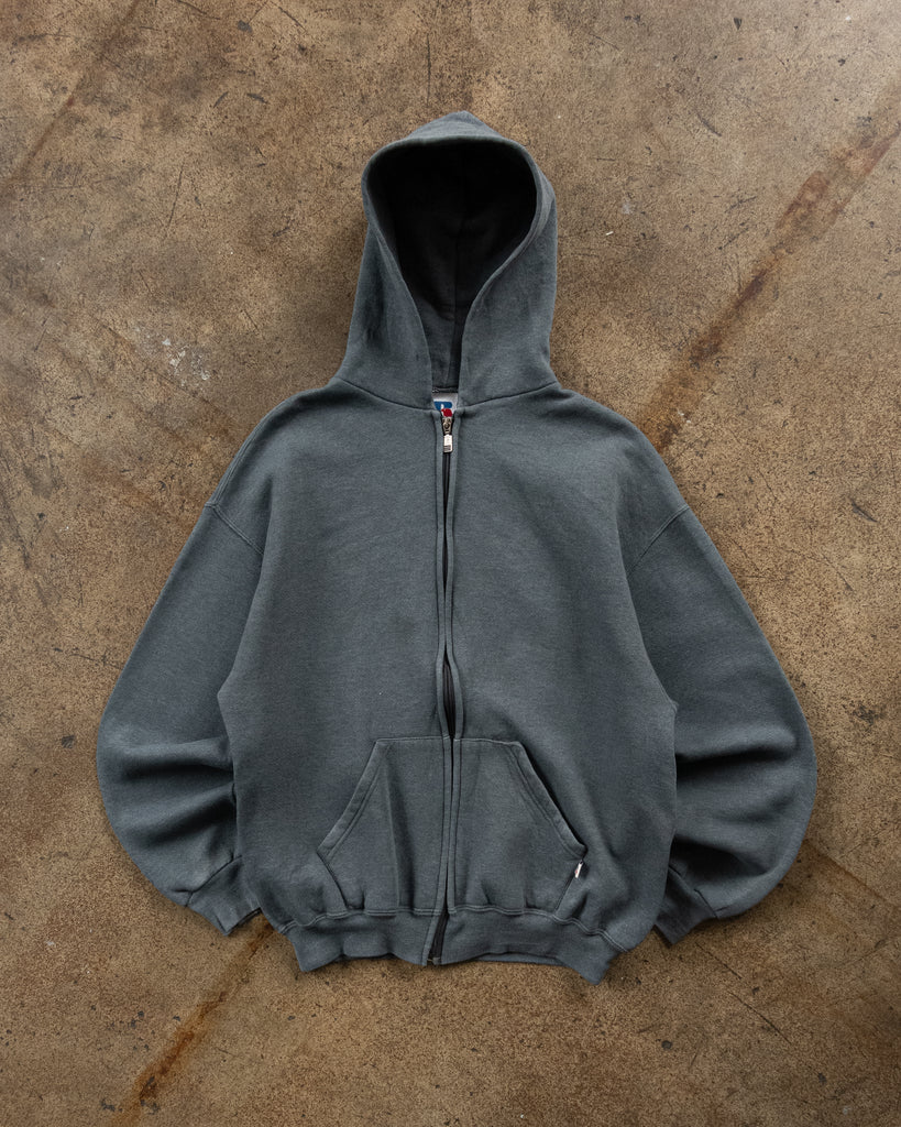 Russell Steel Blue Blank Hooded Zip-Up Sweatshirt - 1990s