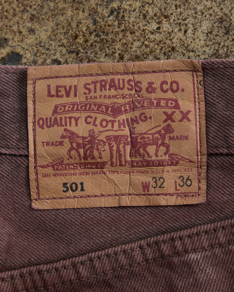 Levi's 501 Faded & Painted Ox-Blood Released Hem Jeans - 1990s - detail