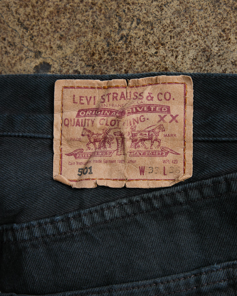 Levi's 501 Faded & Repaired Blue Black Released Hem Jeans - 1990s - detail