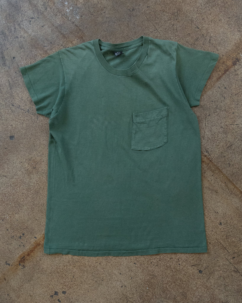 Single Stitched Faded Green Blank Pocket Tee - 1980s