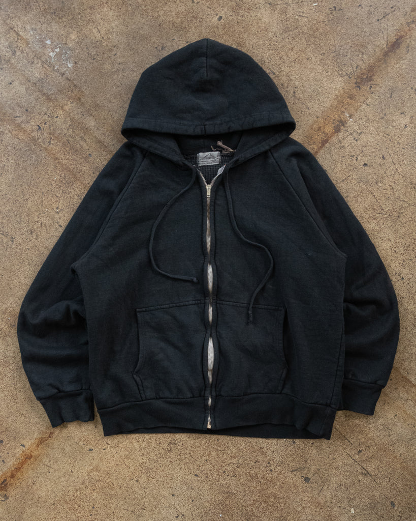 Black Blank Thermal-Lined Zip-Up Raglan Hooded Sweatshirt - 1990s FRONT PHOTO