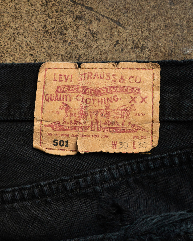 Levi's 501 Blue Black Distressed Jeans - 1990s - detail