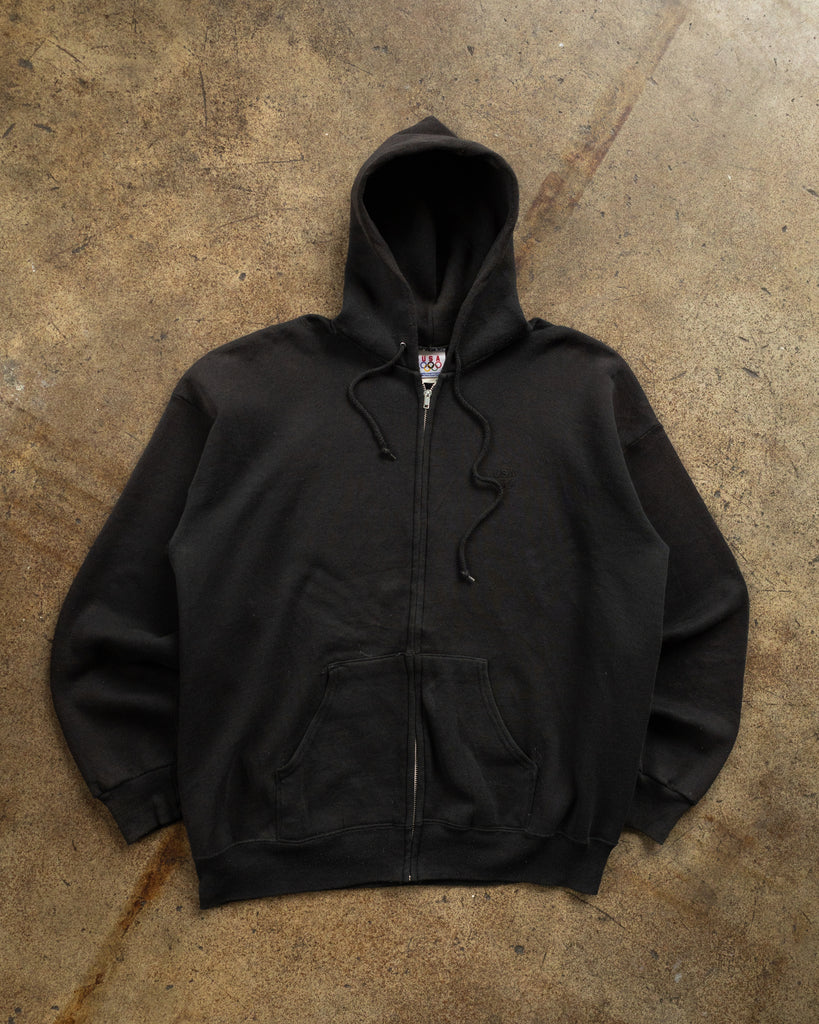 Faded Black Hooded Zip-Up Sweatshirt - 1990s