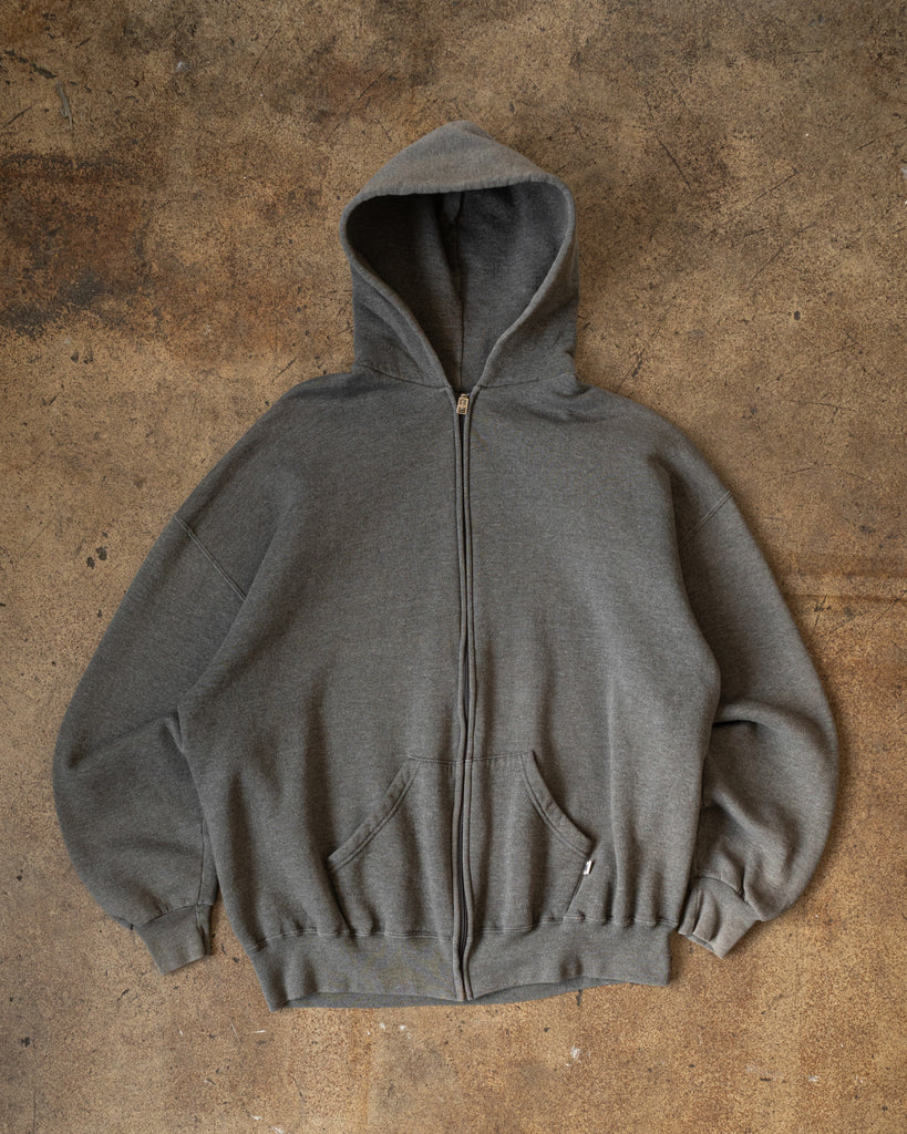 Russell Grey Blank Zip-Up Hooded Sweatshirt - 1990s