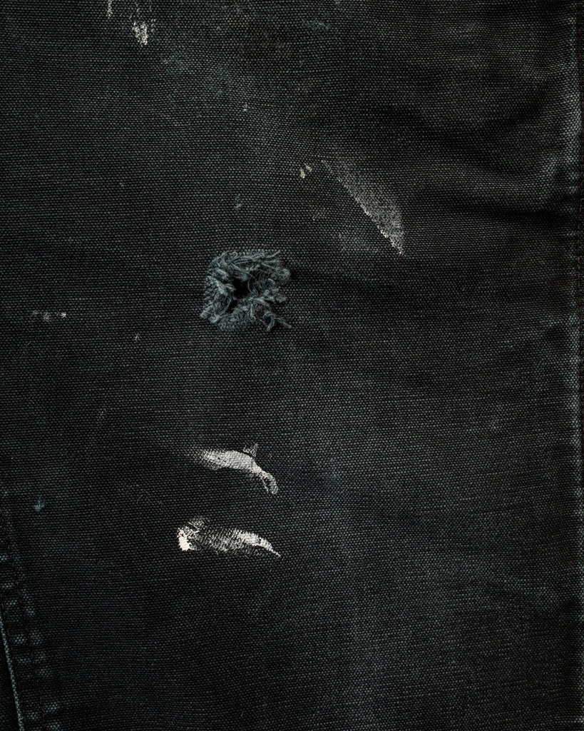 Carhartt Faded Black Painted & Distressed Double Knee Work Pants - 1990s DETAIL PHOTO OF DISTRESSING ON FRONT OF PANTS