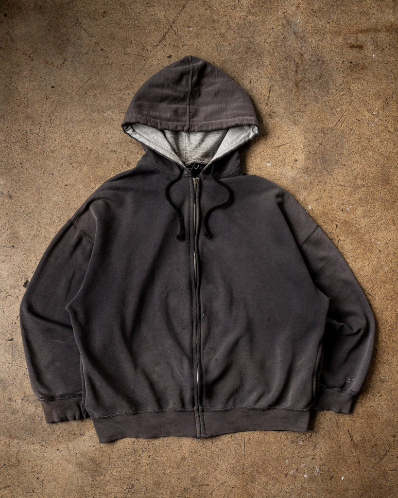 Faded & Distressed Blank Zip-Up Hooded Sweatshirt - 1990s