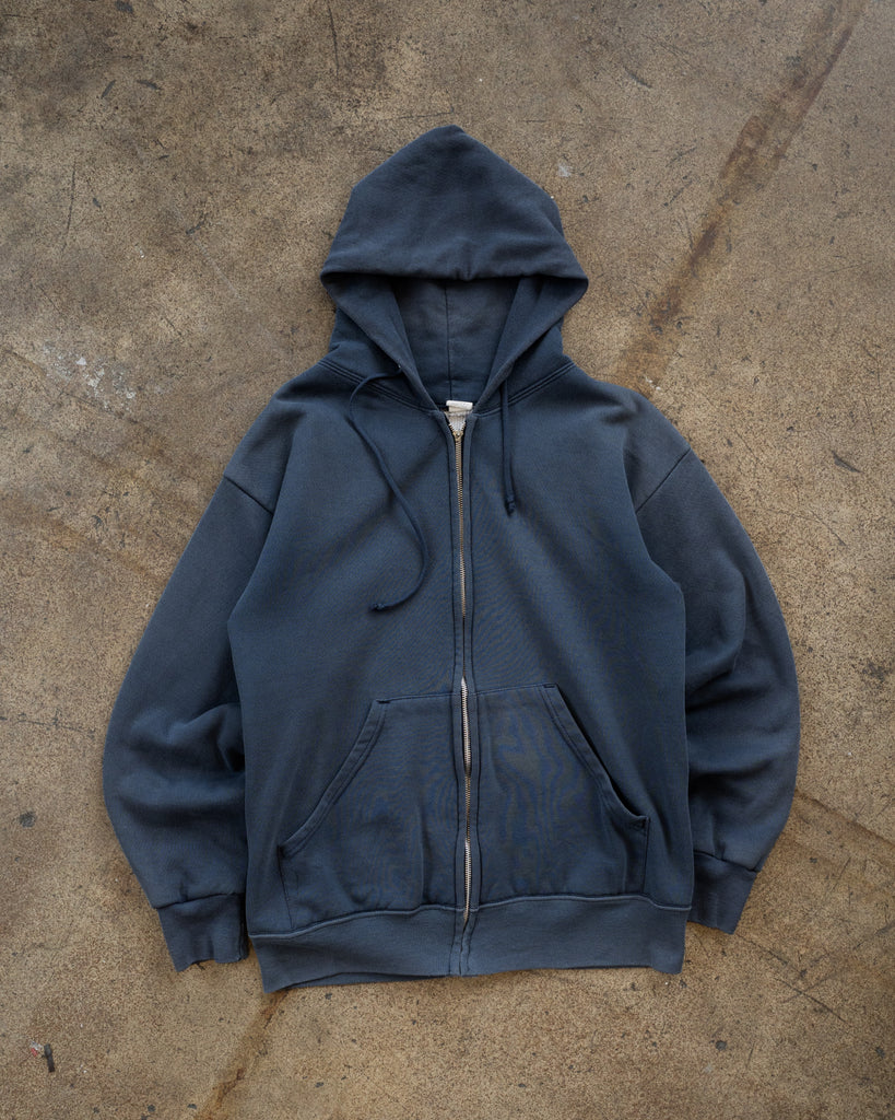 Faded Blue Zip-Up Hooded Sweatshirt - 1990s