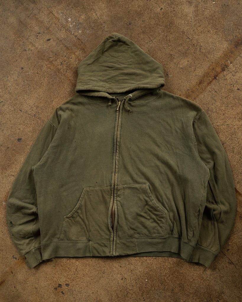 Faded Olive Green Zip-Up Thermal-Lined Hooded Sweatshirt - 1960s/70s