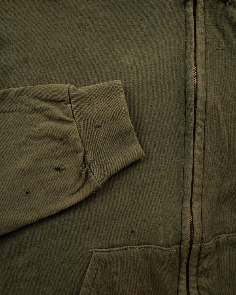 Faded Olive Green Zip-Up Thermal-Lined Hooded Sweatshirt - 1960s/70s - Detail