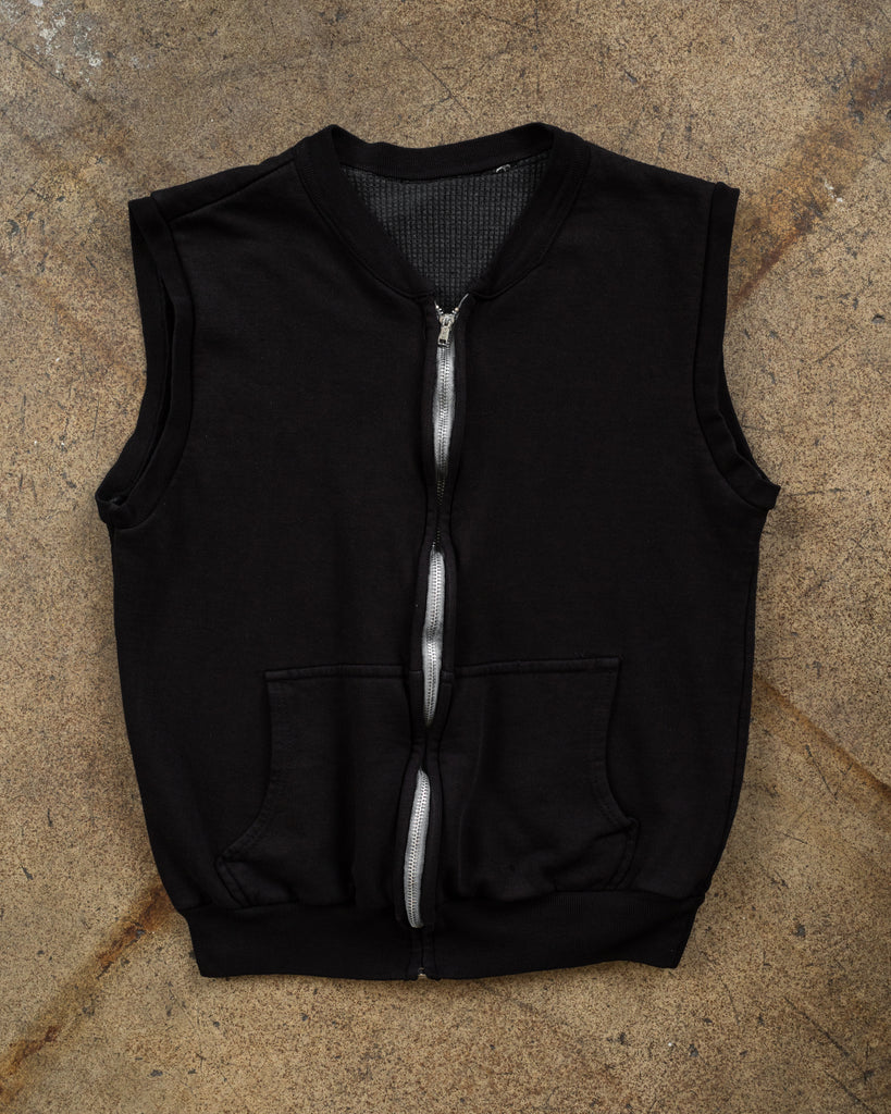 Over-Dyed Black Thermal-Lined Zip-Up Sleeveless Sweatshirt - 1990s