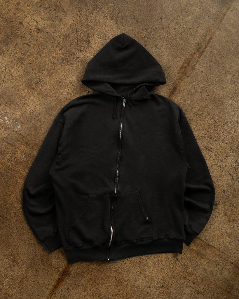Faded Black Zip-Up Hooded Sweatshirt - 1990s