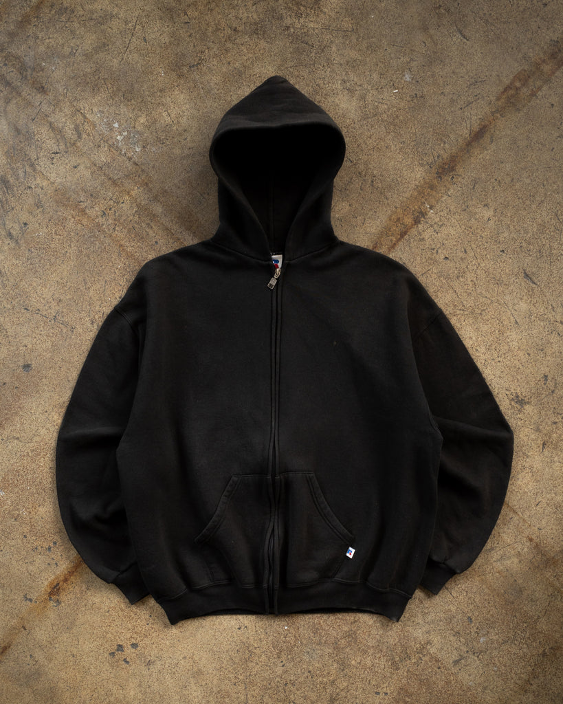 Russell Black Hooded Zip-Up Sweatshirt - 1990s
